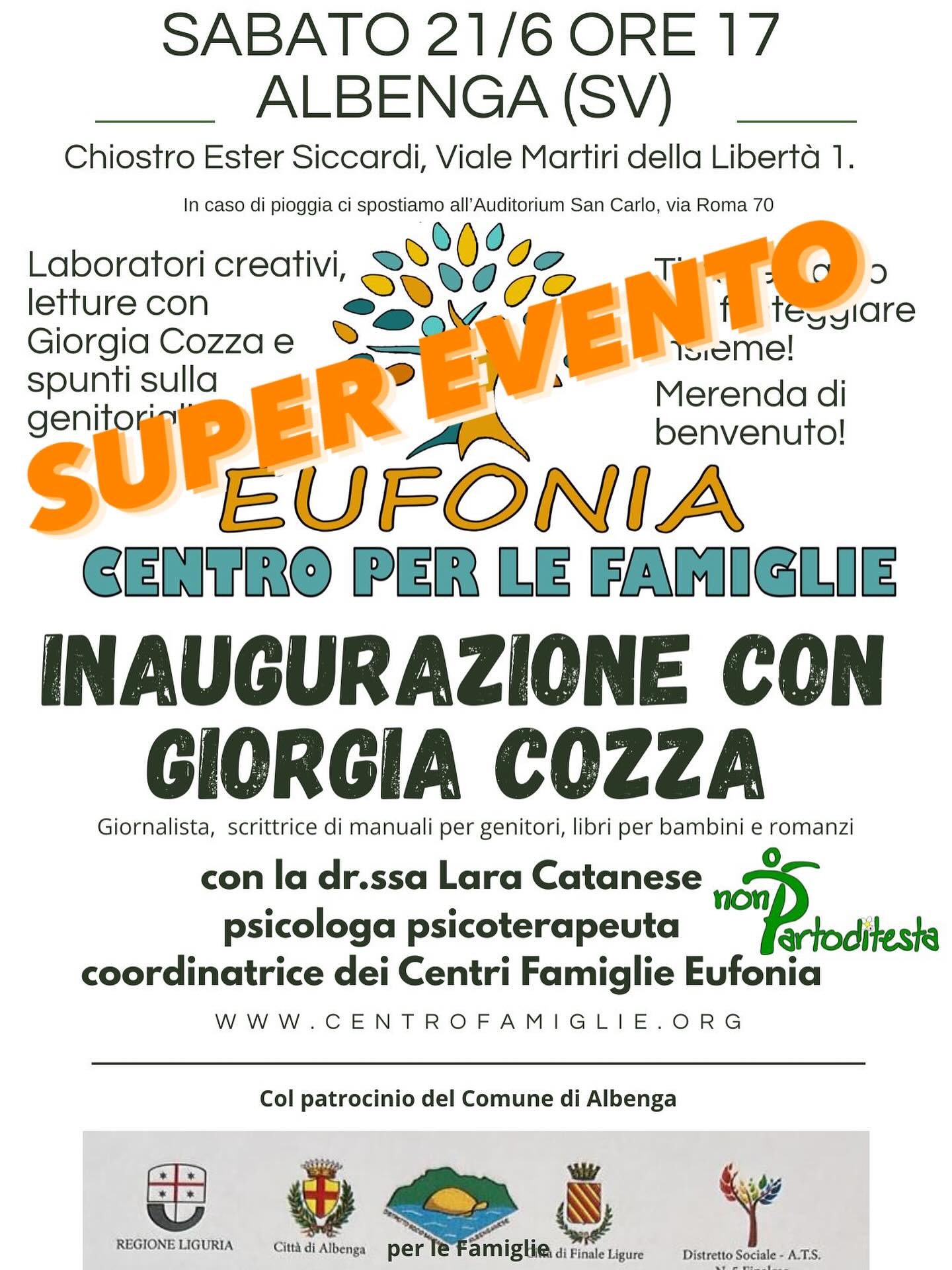 Inaugurazione Centri Famiglia Eufonia: Un Evento Dedicato a Genitori e Bambini! 🎉
Siamo felicissimi di annunciarvi l’inaugurazione dei Centri Famiglia Eufonia, un nuovo punto di riferimento per il supporto alla genitorialità e il benessere dei più piccoli! Un’occasione imperdibile per scoprire tutte le attività e i servizi che offriremo alle famiglie.
Cosa vi aspetta:
* Saluto delle autorità e presentazione delle attività dei centri da parte della Dottoressa Lara Catanese e della Dottoressa Martina Gallione.
* Ospite d’onore: la splendida autrice Giorgia Cozza! Leggerà alcuni dei suoi incantevoli libri per bambini ai più piccoli. Nel frattempo, per i genitori e gli adulti presenti, offrirà preziosi spunti e riflessioni sulla genitorialità, mentre i bambini saranno felicemente impegnati nei laboratori.
* Laboratorio per bambini divertente e stimolante, a cura degli operatori dell’associazione Non Parto di Testa, con merenda di benvenuto per tutti i piccoli partecipanti.
Non mancate a questo importante appuntamento! Vi aspettiamo per celebrare insieme l’inizio di questa nuova avventura al servizio delle famiglie.
🗓️ Data: 21 giugno
⏰ Ora: 17:00
📍 Luogo: Chiostro Ester Siccardi, Albenga
Non vediamo l’ora di incontrarvi!
#CentriFamigliaEufonia #Inaugurazione #Genitorialità #Bambini #GiorgiaCozza #Albenga #SupportoFamiglia #EventiPerFamiglie #NonPartoDiTesta